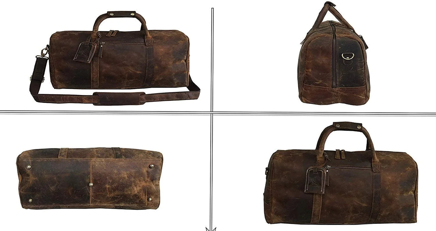 24 Inch Brown Leather Duffel Bags for Men and Women Full Grain Leather Travel Overnight Weekend Leather Bags