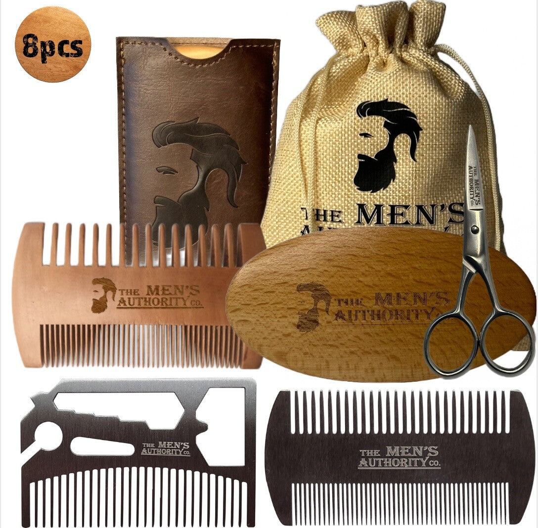 Mens Beard Grooming Kit Beard Growth Kit for Men Wood & Steel Comb Brush Scissor