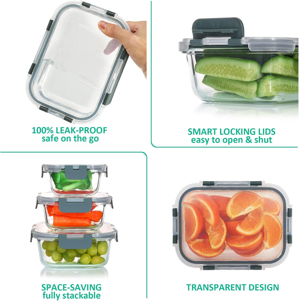 24 Pieces Glass Food Storage Containers Set,Meal Prep Containers-Stackable Airtight Glass Storage Containers with Lids,Freezer, Microwave, Oven Safe,Gray