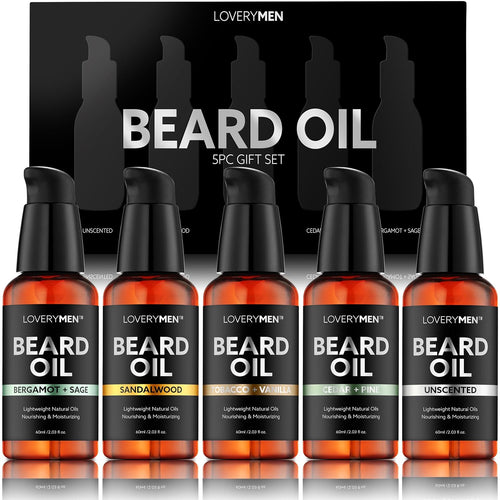 Deluxe Beard Oil for Men - Sandalwood, Tobacco Vanilla, Bergamot Sage, Cedar Pine, Unscented Fragrances, Natural Mens Beard Oil Kit with Argan & Jojoba Oil, Beard Softener Grooming Mens Beard Care