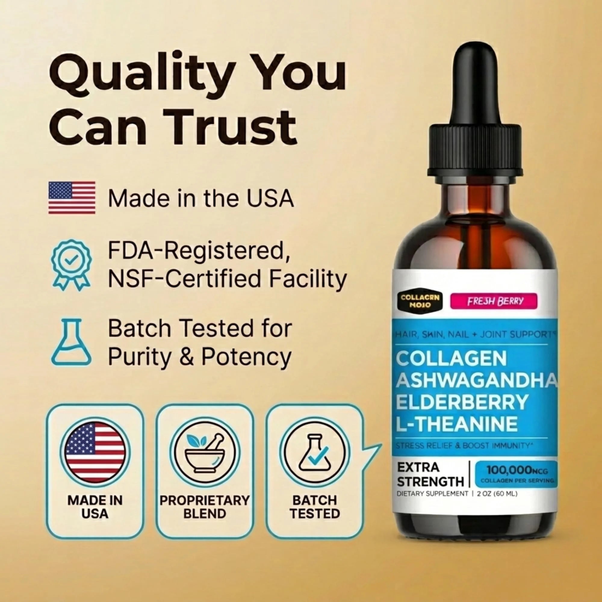 Liquid Collagen Peptides with Ashwagandha, Elderberry & L-Theanine. High Potency and Absorption Formula. Hair, Skin, Nail + Joint Support. Stress Relief & Immunity Booster –  - 2 Oz.