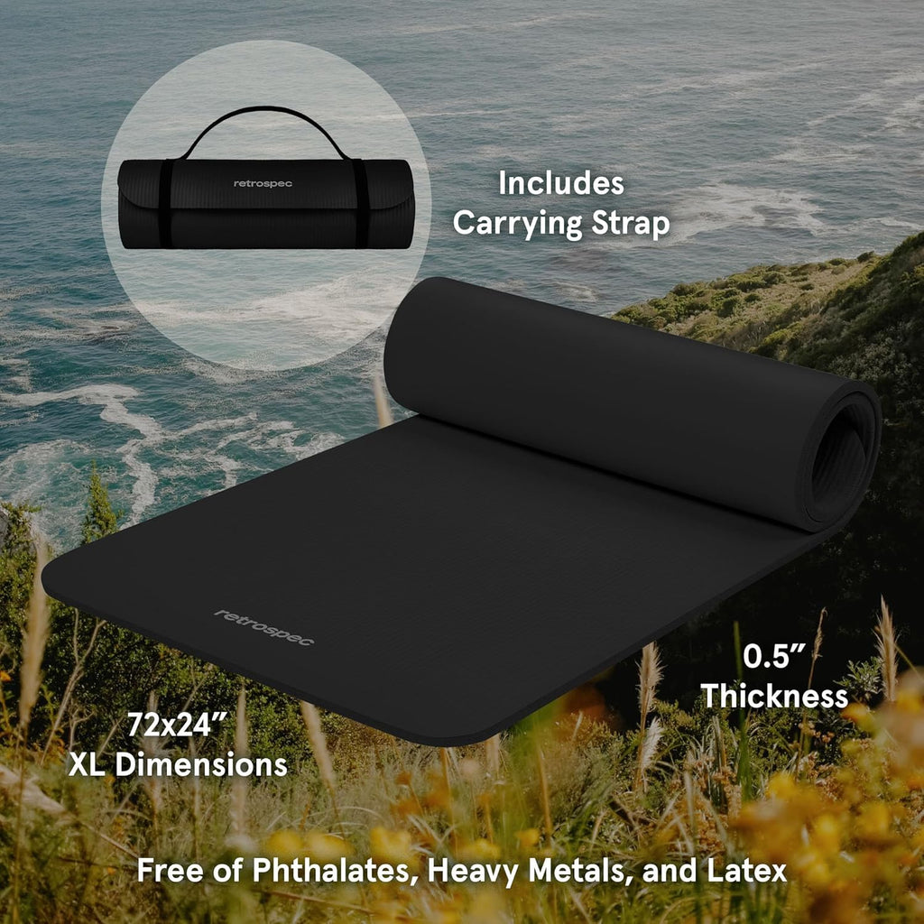 Solana Yoga Mat 1/2" Thick W/Nylon Strap for Men & Women - Non Slip Exercise Mat
