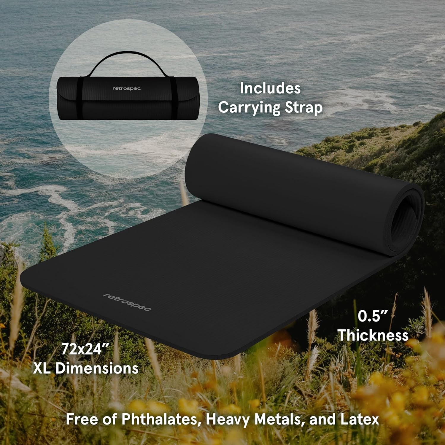 Solana Yoga Mat 1/2" Thick W/Nylon Strap for Men & Women - Non Slip Exercise Mat