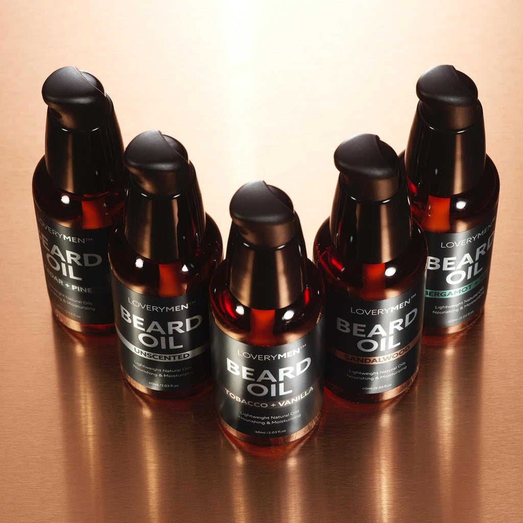 Deluxe Beard Oil for Men - Sandalwood, Tobacco Vanilla, Bergamot Sage, Cedar Pine, Unscented Fragrances, Natural Mens Beard Oil Kit with Argan & Jojoba Oil, Beard Softener Grooming Mens Beard Care