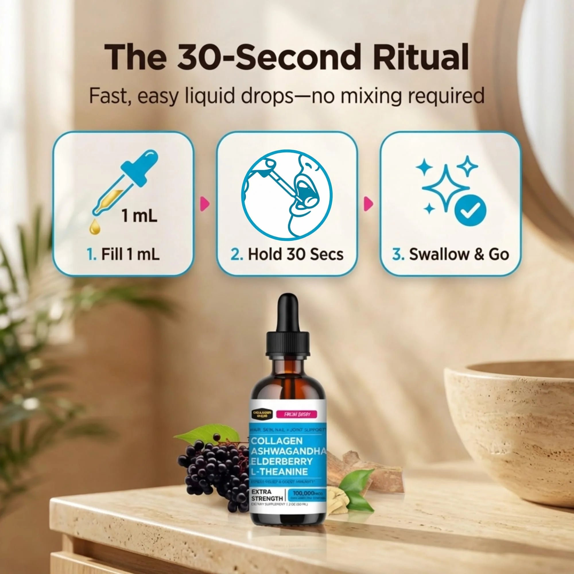 Liquid Collagen Peptides with Ashwagandha, Elderberry & L-Theanine. High Potency and Absorption Formula. Hair, Skin, Nail + Joint Support. Stress Relief & Immunity Booster –  - 2 Oz.