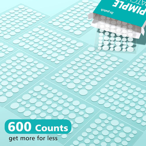600 Counts Pimple Patches - Hydrocolloid Acne Patches for Face, Pimple Stickers for Covering Zits and Blemishes, Gentle for All Skin Types(4 Size)