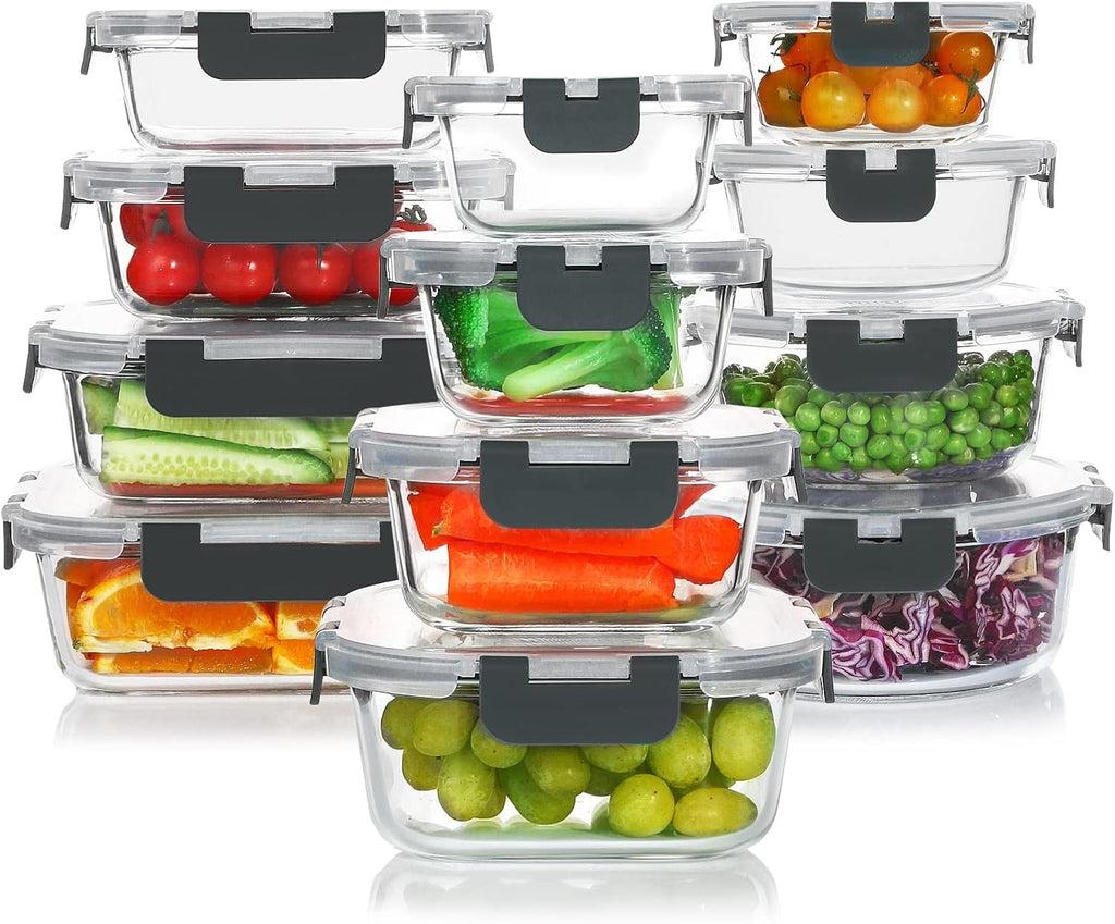 24 Pieces Glass Food Storage Containers Set,Meal Prep Containers-Stackable Airtight Glass Storage Containers with Lids,Freezer, Microwave, Oven Safe,Gray