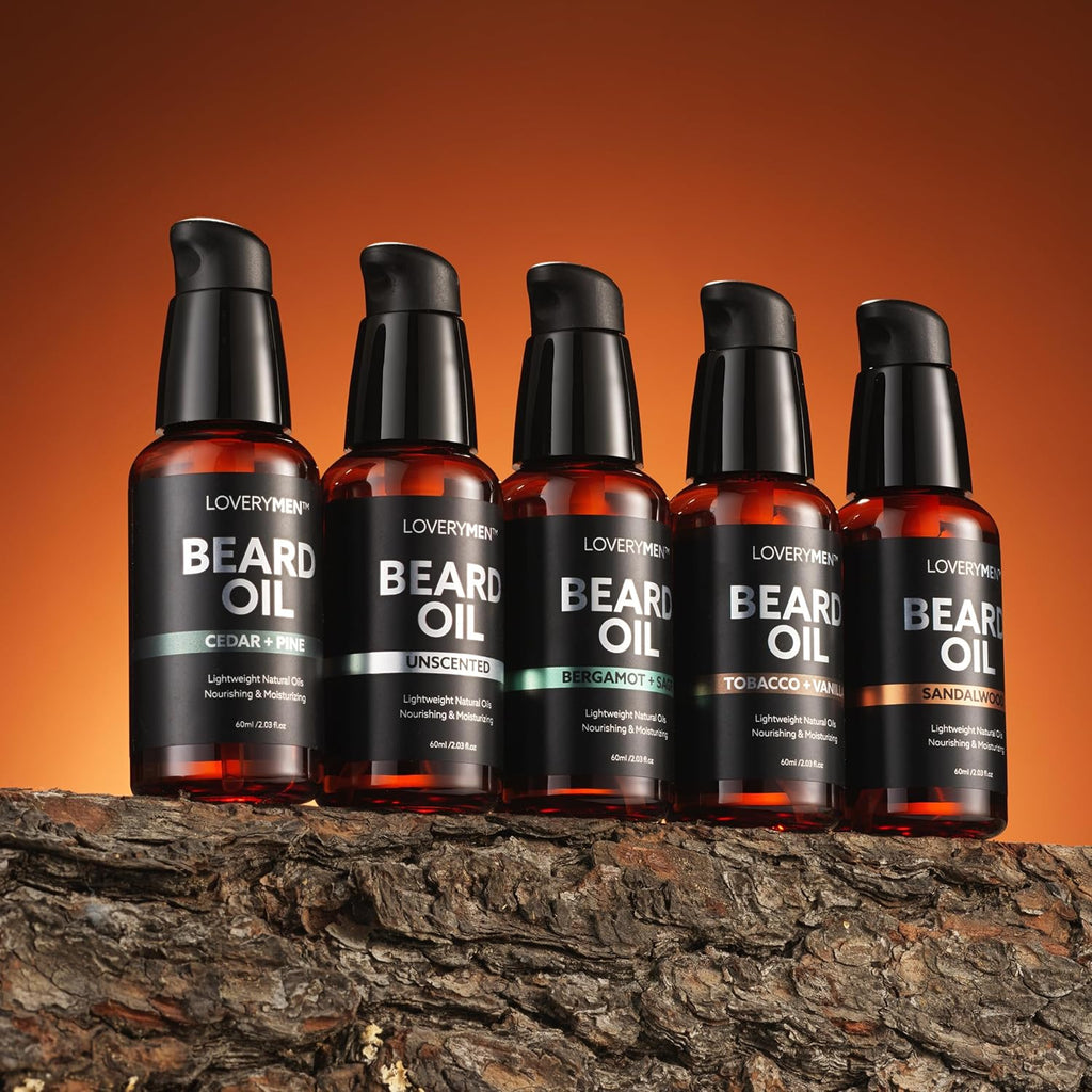 Deluxe Beard Oil for Men - Sandalwood, Tobacco Vanilla, Bergamot Sage, Cedar Pine, Unscented Fragrances, Natural Mens Beard Oil Kit with Argan & Jojoba Oil, Beard Softener Grooming Mens Beard Care