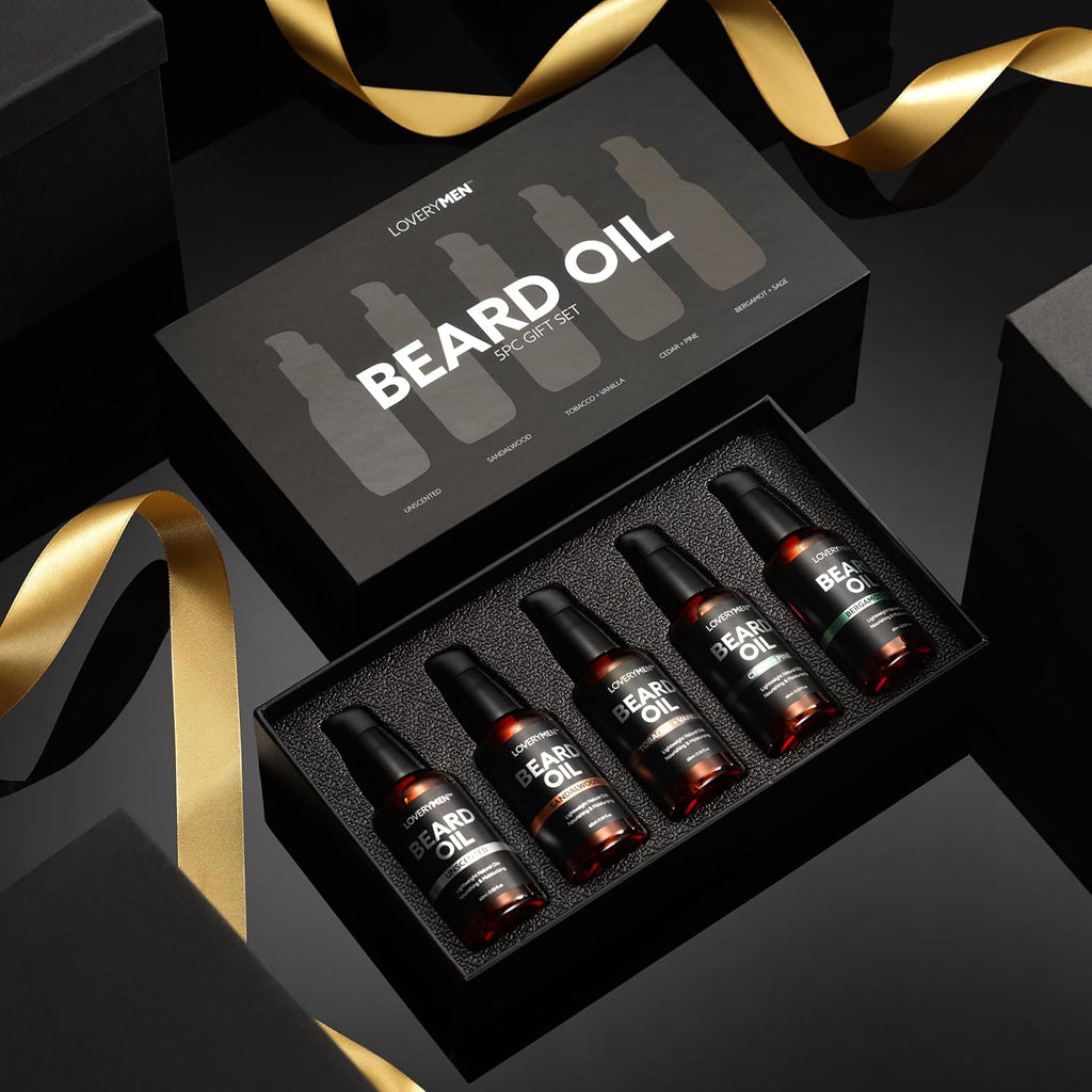 Deluxe Beard Oil for Men - Sandalwood, Tobacco Vanilla, Bergamot Sage, Cedar Pine, Unscented Fragrances, Natural Mens Beard Oil Kit with Argan & Jojoba Oil, Beard Softener Grooming Mens Beard Care