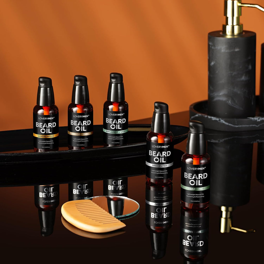 Deluxe Beard Oil for Men - Sandalwood, Tobacco Vanilla, Bergamot Sage, Cedar Pine, Unscented Fragrances, Natural Mens Beard Oil Kit with Argan & Jojoba Oil, Beard Softener Grooming Mens Beard Care