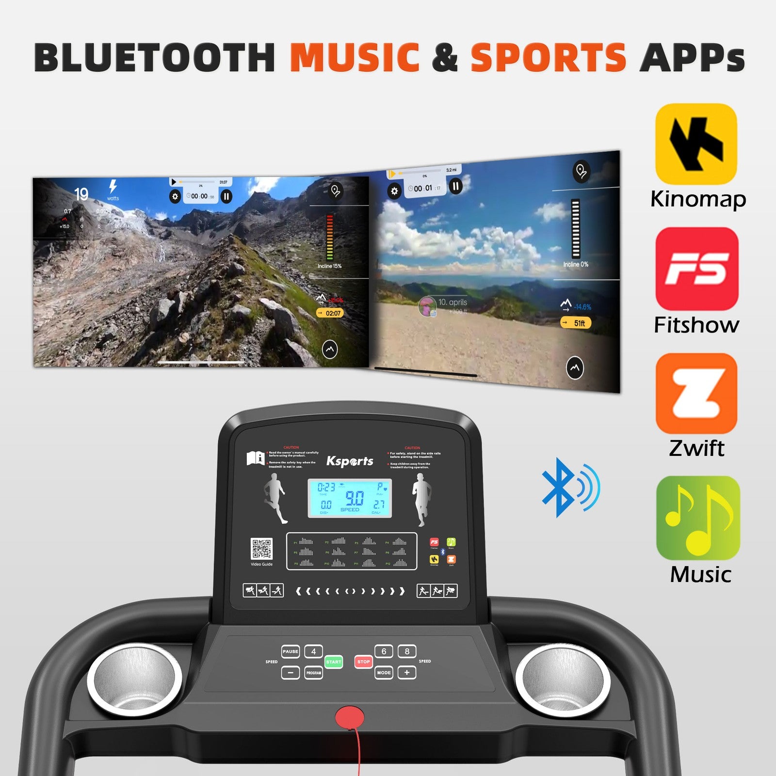 Ksports 16 Inch Wide Foldable Home Treadmill W/ Bluetooth & Fitness Tracking App