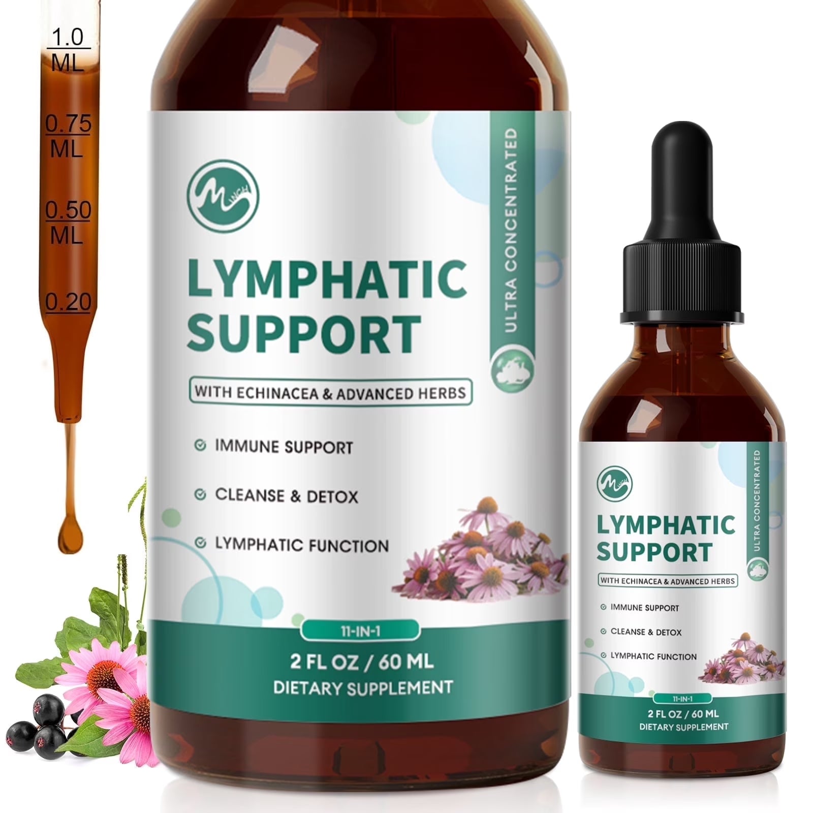 Lymphatic Drainage Drops,11-In-1 Lymphatic Detox Support,Vegan Supplement with Echinacea, Elderberry,Red Clover, Burdock Root, Cleavers Herb,2Fl Oz