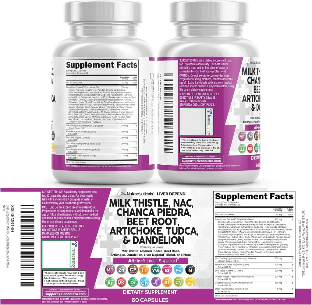 Milk Thistle NAC Chanca Piedra Beet Root Artichoke Dandelion Root - Liver Cleanse Detox & Repair Supplement plus TUDCA Choline & Ginger 60 Count