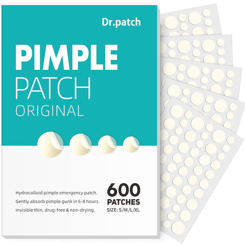 600 Counts Pimple Patches - Hydrocolloid Acne Patches for Face, Pimple Stickers for Covering Zits and Blemishes, Gentle for All Skin Types(4 Size)