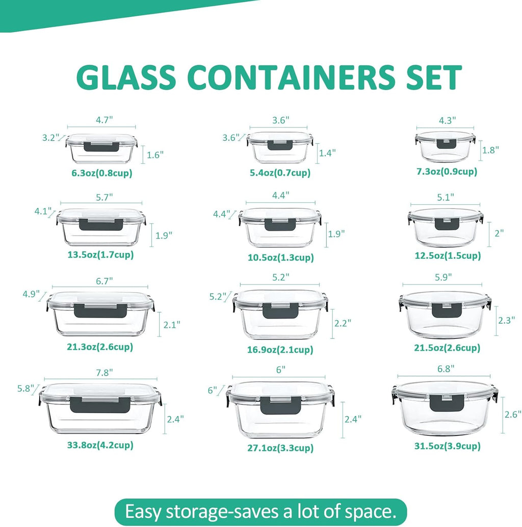24 Pieces Glass Food Storage Containers Set,Meal Prep Containers-Stackable Airtight Glass Storage Containers with Lids,Freezer, Microwave, Oven Safe,Gray