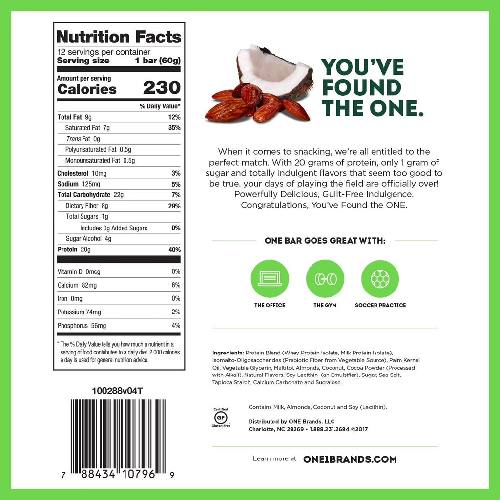 ONE Protein Bars, Almond Bliss, Gluten Free Protein Bars with 20G Protein and Only 1G Sugar, Guilt-Free Snacking for High Protein Diets, 2.12 Oz (12 Pack)